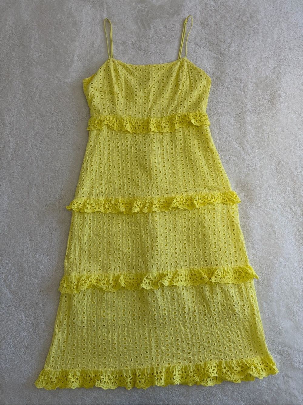 Lush Yellow Eyelet Midi Dress with Ruffle Tiers